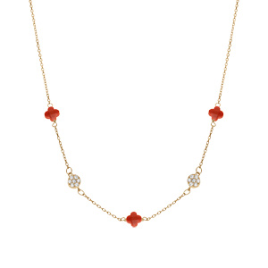 Collier en argent dor� tr�fle en verre corail et fleurs oxydes blancs - 42+3cm - Vue 2