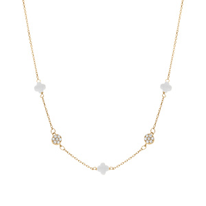 Collier en argent dor� tr�fle en verre blanc et fleurs oxydes blancs 42+3cm - Vue 2