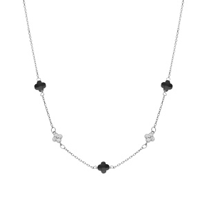 Collier en argent rhodi� tr�fle en verre noir et fleurs oxydes blancs 42+3cm - Vue 2