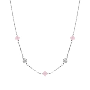 Collier en argent rhodi� tr�fle en verre rose et fleurs oxydes blancs 42+3cm - Vue 2