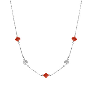 Collier en argent rhodi� tr�fle en verre corail et pastille oxydes blancs 42+3cm - Vue 2