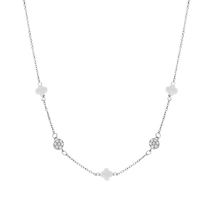 Collier en argent rhodi� tr�fle en verre blanc et fleurs oxydes blancs 42+3cm - Vue 2