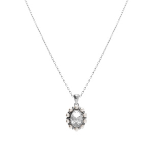 Collier en argent rhodi� pendentif oxyde centrale blanc et contour de perles blanches imitation - 42+3cm - Vue 2