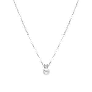 Collier en argent rhodi� perle blanche imitation 6mm et oxyde blanc - 42+3cm - Vue 2