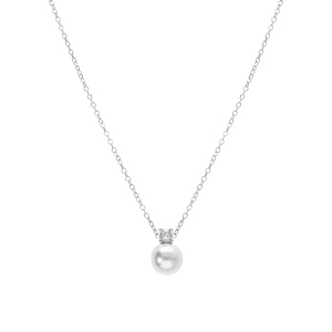 Collier en argent rhodi� perle blanche imitation 8mm et oxyde blanc  - 42+3cm - Vue 2