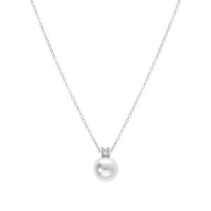 Collier en argent rhodi� perle blanche imitation 10mm et oxyde blanc - 42+3cm - Vue 2
