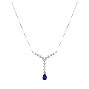 Collier en argent rhodi� forme cravate oxyde centrale bleu et oxydes blancs sertis - 42+3cm - Vue 2