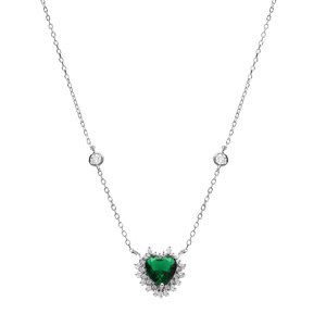 Collier en argent rhodi� avec coeur oxyde vert central et contour oxydes blancs sertis 42+3cm - Vue 2