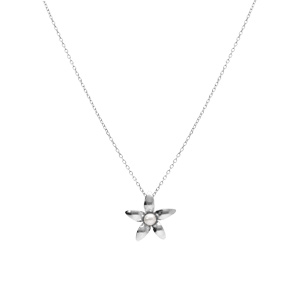 Collier en argent rhodi� avec pendentif petite fleur et perle blanche imitation 40+5cm - Vue 2
