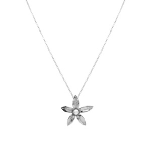 Collier en argent rhodi� fleur et au centre perle blanche imitation 40+5cm - Vue 2