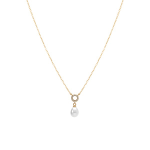 Collier en argent dor� cercle avec oxydes blancs sertis et perle blanche imitation  38+5cm - Vue 2