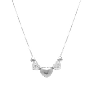 Collier en argent rhodi� coeurs bomb�s lisses et oxydes blancs sertis  - 38+5cm - Vue 2