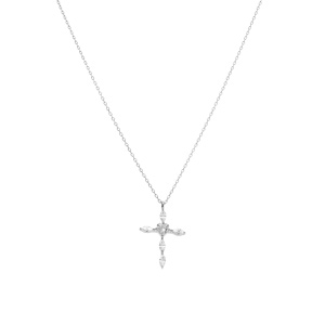 Collier argent rhodi� pendentif croix 20 x 13mm oxydes blancs sertis -  38+5cm - Vue 2