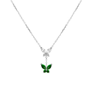 Collier en argent rhodi� deux papillons oxydes blanc et vert sertis - 38+5cm - Vue 2