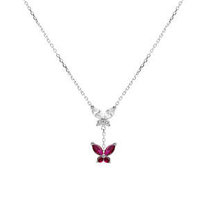 Collier en argent rhodi� deux papillons oxydes blanc et fushia sertis - 38+5cm - Vue 2