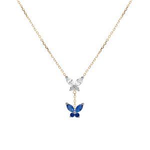 Collier en argent dor� deux papillons d\'oxydes blanc et bleu fonc� sertis,  38+5cm - Vue 2