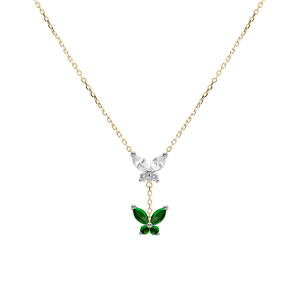 Collier en argent dor� deux  papillons d\'oxydes blanc et vert fonc� sertis  38+5cm - Vue 2