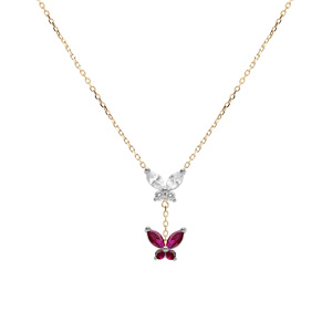 Collier en argent dor� deux  papillons d\'oxydes blanc et fushia sertis,  38+5cm - Vue 2