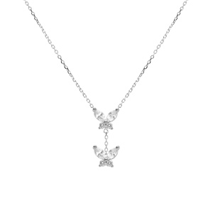 Collier en argent rhodi� deux papillons oxydes blancs sertis - 38+5cm - Vue 2