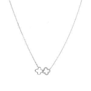 Collier en argent rhodi� pendentif double fleur oyydes blancs sertis  - 40+4cm - Vue 2