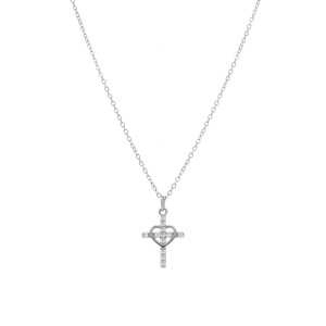Collier en argent rhodie coeur avec croix orn�e d\'oxydes blancs - 38+5cm - Vue 2