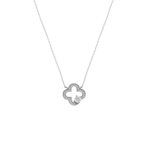 Collier en argent rhodi� tr�fle avec contour d\'oxydes blancs - 38+5cm - Vue 2