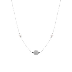 Collier en argent rhodi� boule givr�e et perles blanches - 38+5cm - Vue 2