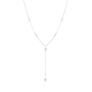 Collier en argent rhodi� forme cravate perles blanches imitation  - 38+5cm - Vue 2