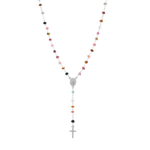 Collier en argent rhodi� chapelet boules facet�es tourmalines multi couleurs - 45+5cm - Vue 2