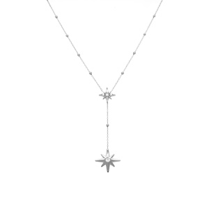 Collier en argent rhodi� forme cravate avec etoiles du nord oxydes blancs sertis - 38+5cm - Vue 2