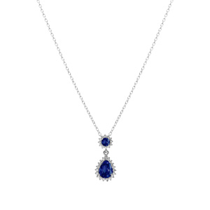 Collier en argent rhodi� pendentif goutte avec oxydes bleu et contour oxydes blancs sertis - 42+3cm - Vue 2