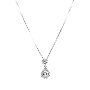 Collier en argent rhodi� pendentif goutte avec oxydes blancs et contour oxydes blancs sertis - 42+3cm - Vue 2