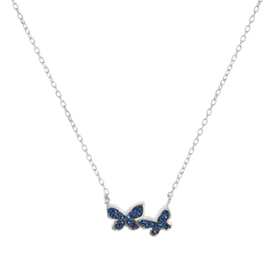 Collier en argent rhodi� cha�ne avec papillons en oxydes bleu fonc� 42+3cm - Vue 2