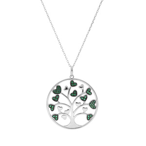 Collier en argent rhodi� massif cha�ne avec pendentif arbre de vie 30mm et coeurs oxydes verts 44,5+4,5cm - Vue 2