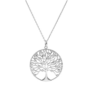 Collier en argent rhodi� cha�ne avec pendentif m�daille d�coup�e arbre de vie 30mm oxydes blancs sertis 42+3cm - Vue 2