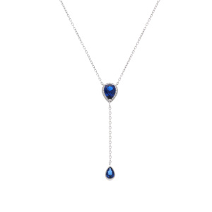Collier en argent rhodi� forme cravate avec gouttes d\'oxyde bleu fonc� et contour d\'oxydes blancs - 39+5cm - Vue 2