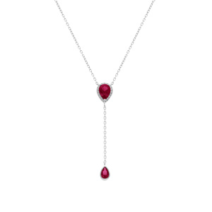 Collier en argent rhodi forme cravate avec gouttes d\'oxyde rouge et contour d\'oxydes blancs - 39+5cm - Vue 2
