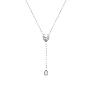 Collier en argent rhodi� forme cravate avec gouttes d\'oxyde blancs et contour d\'oxydes blancs - 39+5cm - Vue 2