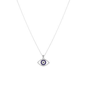 Collier en argent rhodi� pendentif oeil de la chance contour orn� d\'oxydes blancs - 40+5cm - Vue 2