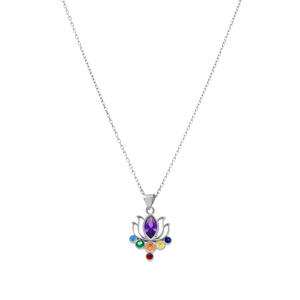 Collier en argent rhodi� pendentif chakra fleur 7 oxydes - 40+5cm - Vue 2