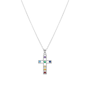 Collier en argent rhodi� pendentif chakra croix 22mm x 15mm 7 oxydes - 40+5cm - Vue 2
