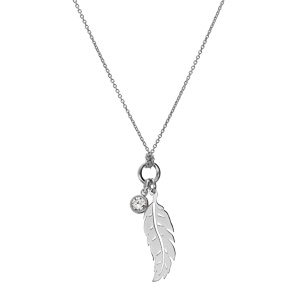Collier en argent rhodi� cha�ne avec pendentif plume et oxyde blanc serti clos 41+4cm - Vue 2