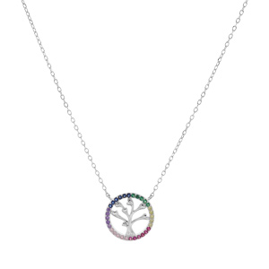 Collier en argent rhodi� cha�ne avec pendentif arbre de vie contour oxydes multicouleurs 44cm r�glable 42-40cm - Vue 2