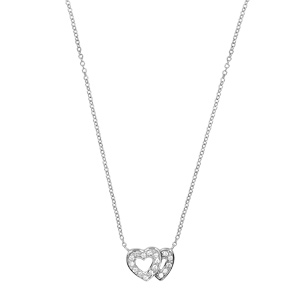 Collier en argent rhodi� cha�ne avec pendentif 2 coeurs superpos�s �vid�s et orn�s d\'oxydes blancs sertis - longueur 40cm + 4cm de rallonge - Vue 2