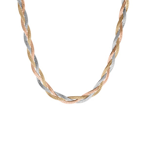 Collier tress� compos� de  trois chaines plates en argent, dorure rose et jaune - 42cm - Vue 2