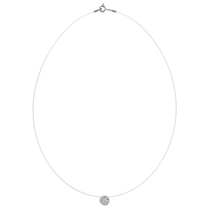 Collier en argent rhodi� fil en nylon avec pendentif rond orn� d\'oxydes blancs - longueur 41cm - Vue 2
