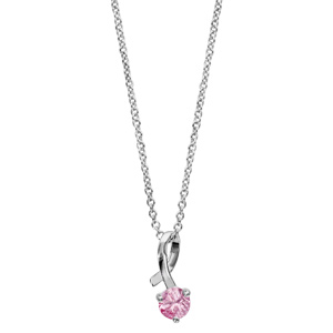 Collier en argent rhodi� cha�ne avec pendentif ruban nou� avec 1 oxyde rond rose serti � l\'extr�mit� - longueur 40cm + 4cm de rallonge - Vue 2