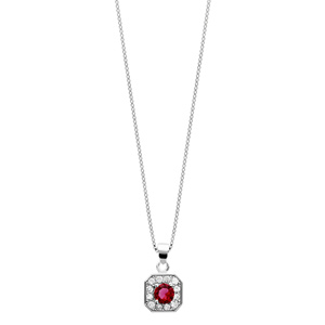 Collier en argent rhodi� collection joaillerie cha�ne avec pendentif carr� avec angles bisaut�s et oxydes sertis blancs dispos�s en forme de fleur avec coeur en oxyde rouge - longueur 42cm + 3cm de rallonge - Vue 2
