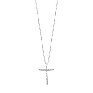 Collier en argent rhodi� cha�ne avec pendentif croix chr�tienne en rails d\'oxydes blancs sertis - longueur 42cm + 3cm de rallonge - Vue 2