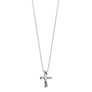 Collier en argent rhodi� cha�ne avec pendentif croix chr�tienne arrondie et orn�e d\'1 oxyde serti clos au milieu - longueur 42cm + 3cm de rallonge - Vue 2